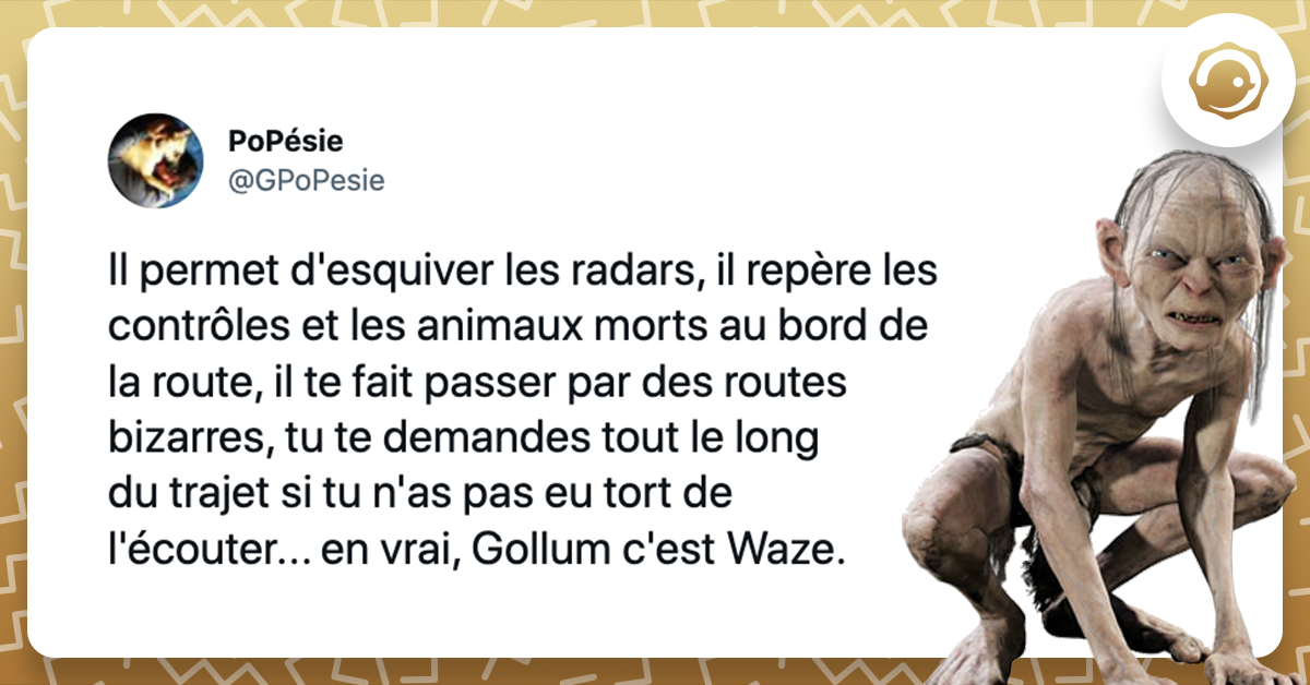 tweet de GPoPesie sur Gollum et Waze