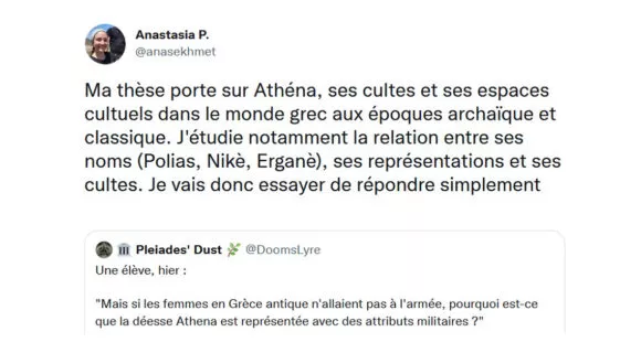 Image de couverture de l'article : Thread : pourquoi la déesse Athéna est-elle en habits militaires alors que les femmes ne vont pas à la guerre ?