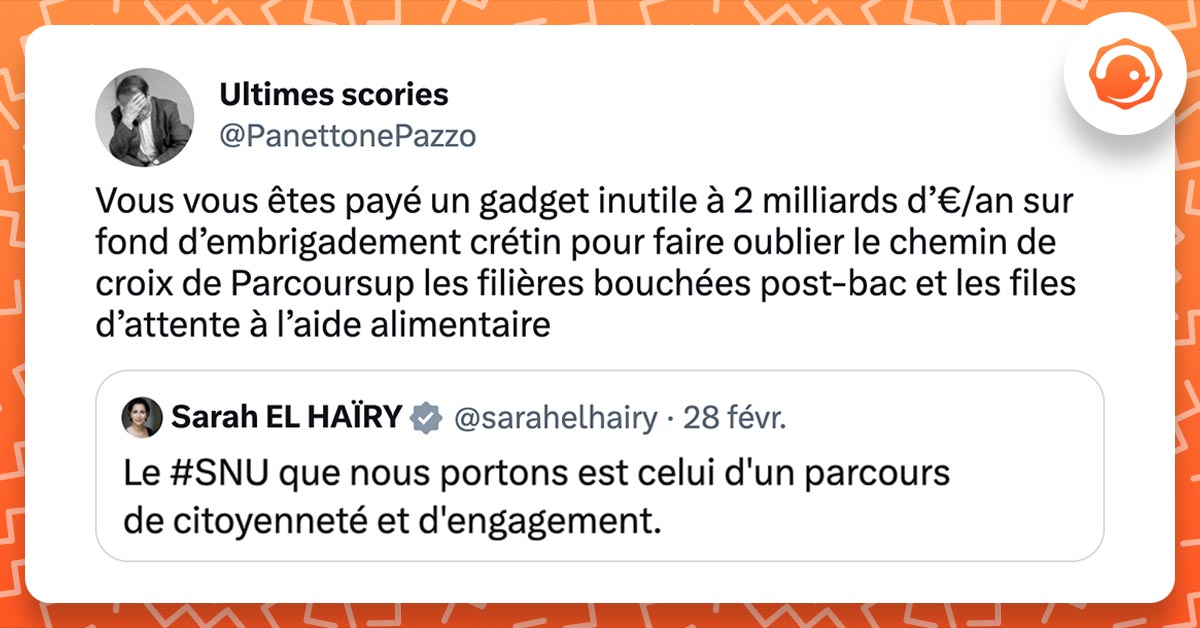 Tweet de PanettonePazzo qui répond à un tweet de Sarah El Haïry sur le SNU "Vous vous êtes payé un gadget inutile à 2 milliards d’€/an sur fond d’embrigadement crétin pour faire oublier le chemin de croix de Parcoursup les filières bouchées post-bac et les files d’attente à l’aide alimentaire"