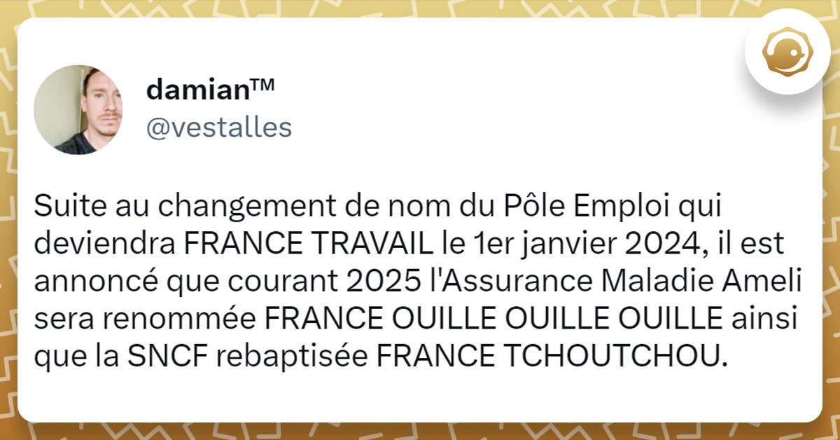 Tweet de @vestalles : "Suite au changement de nom du P&ocirc;le Emploi qui deviendra FRANCE TRAVAIL le 1er janvier 2024, il est annonc&eacute; que courant 2025 l'Assurance Maladie Ameli sera renomm&eacute;e FRANCE OUILLE OUILLE OUILLE ainsi que la SNCF rebaptis&eacute;e FRANCE TCHOUTCHOU."