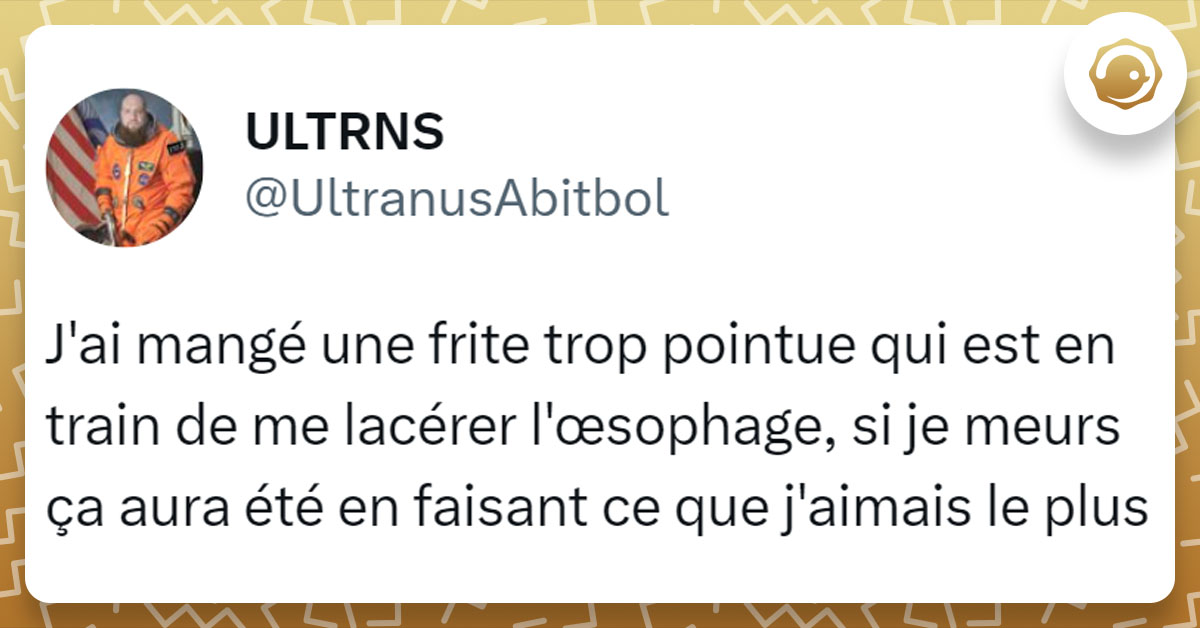 Tweet de @UltranusAbitbol : "J'ai mangé une frite trop pointue qui est en train de me lacérer l'œsophage, si je meurs ça aura été en faisant ce que j'aimais le plus"