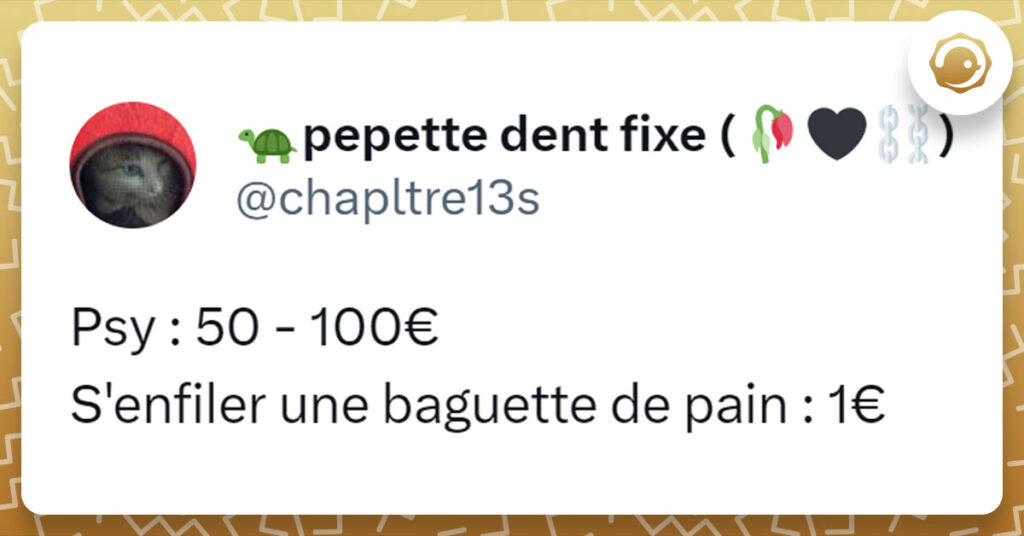 Tweet de @chapltre13s : "Psy : 50 - 100&euro; S'enfiler une baguette de pain : 1&euro;"