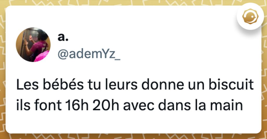 Tweet de @ademYz_ : "Les bébés tu leurs donne un biscuit ils font 16h 20h avec dans la main"