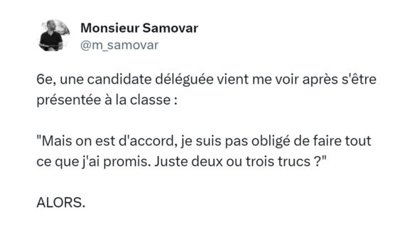 Image de couverture de l'article : 15 tweets sur les délégué.es de classe, « des bonbons si vous votez pour moi »