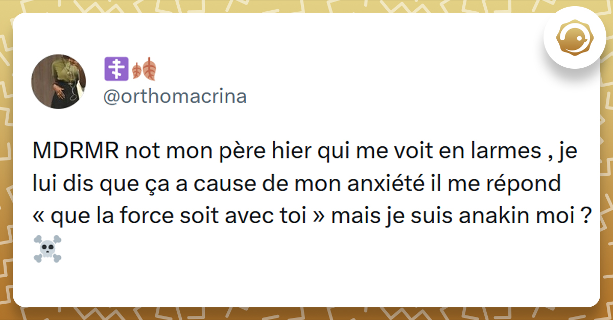 Tweet liseré de jaune disant "Mdr mon père hier me voit en larmes, je lui dis que c'est à cause de mon anxiété, il me répond « que la force soit avec toi » mais je suis Anakin moi ?"