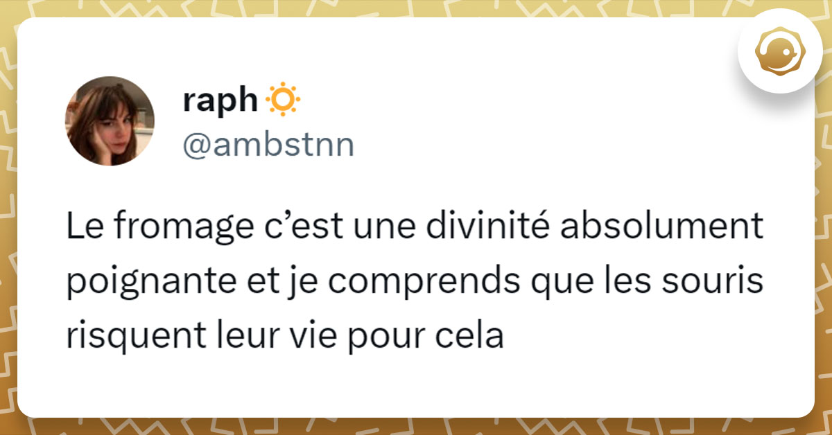 Tweet de @ambstnn : "Le fromage c’est une divinité absolument poignante et je comprends que les souris risquent leur vie pour cela"