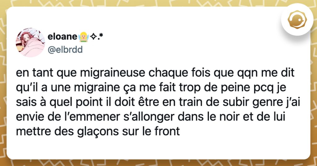 @elbrdd en tant que migraineuse chaque fois que qqn me dit qu’il a une migraine ça me fait trop de peine pcq je sais à quel point il doit être en train de subir genre j’ai envie de l’emmener s’allonger dans le noir et de lui mettre des glaçons sur le front