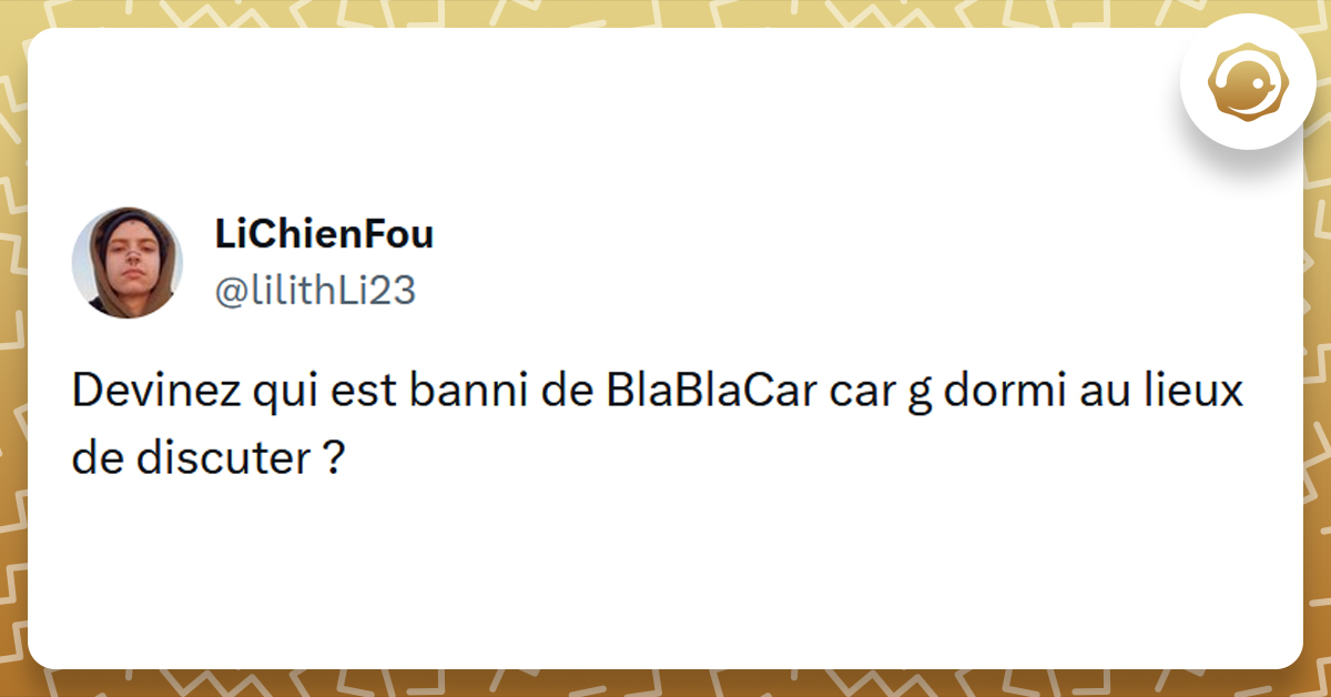 Tweet liseré de jaune de @lilithLi23 disant "Devinez qui est banni de BlaBlaCar car g dormi au lieux de discuter ?"