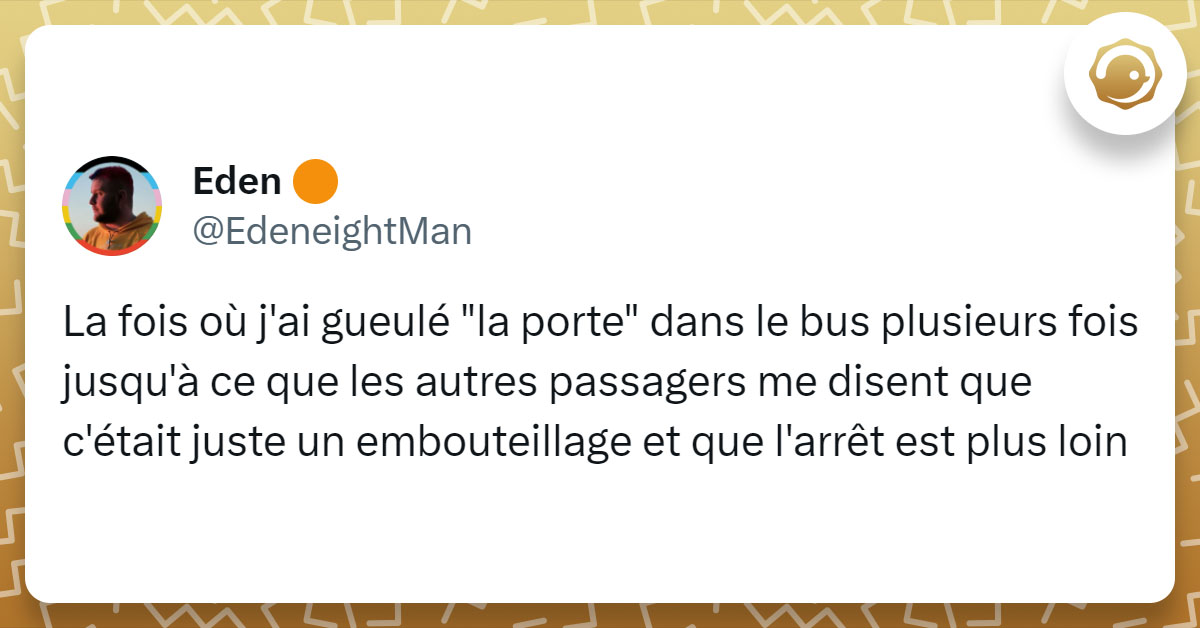 Tweet de @EdeneightMan : "La fois où j'ai gueulé "la porte" dans le bus plusieurs fois jusqu'à ce que les autres passagers me disent que c'était juste un embouteillage et que l'arrêt est plus loin"