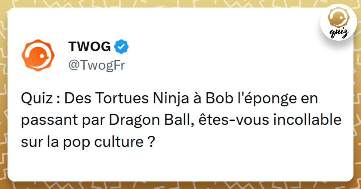 Tweet liseré de jaune disant "Quiz des Tortues Ninja à Bob l'éponge, en passant par Dragon Ball, êtes-vous incollable sur la pop culture ?"