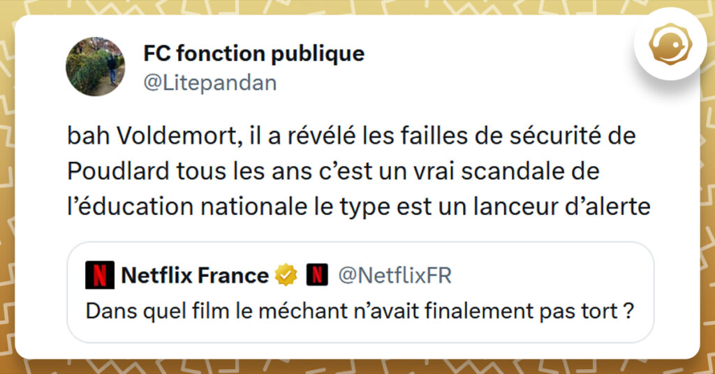 Tweet liseré de jaune disant "Dans quel film le méchant n'avait finalement pas tort ? Bah Voldemort, il a révélé les failles de sécurité de Poudlard tous les ans c'est un vrai scandale de l'éducation nationale le type est un lanceur d'alerte"