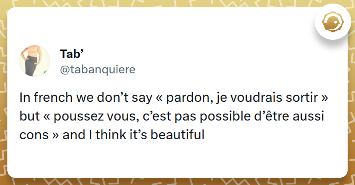 Tweet liseré de jaune de @tabanquiere disant "In french we don’t say « pardon, je voudrais sortir » but « poussez vous, c’est pas possible d’être aussi cons » and I think it’s beautiful"