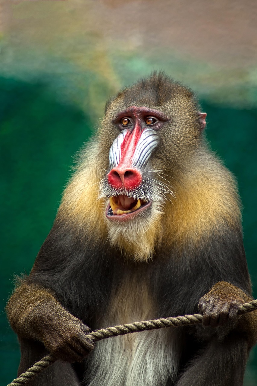 Photo d'un singe avec le museau bleu et rouge