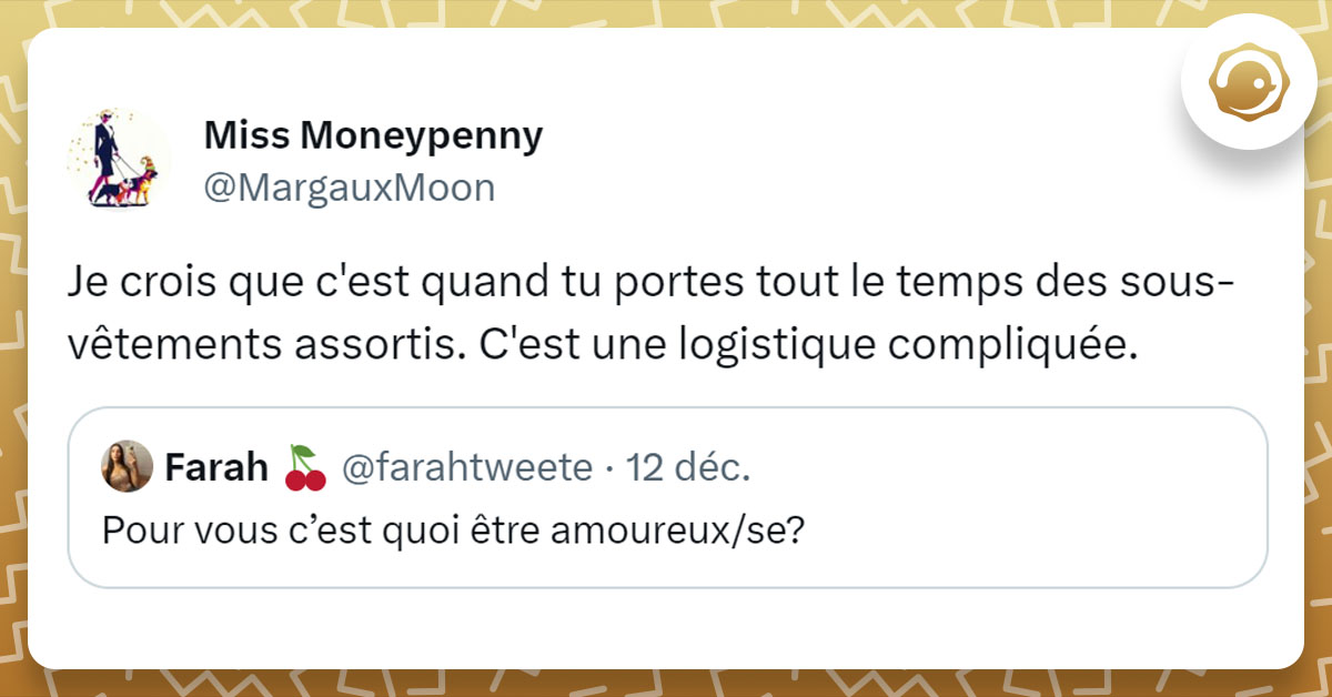 Tweet de @MargauxMoon en réponse à la question "c'est quoi être amoureux/se ?" : "Je crois que c'est quand tu portes tout le temps des sous-vêtements assortis. C'est une logistique compliquée."