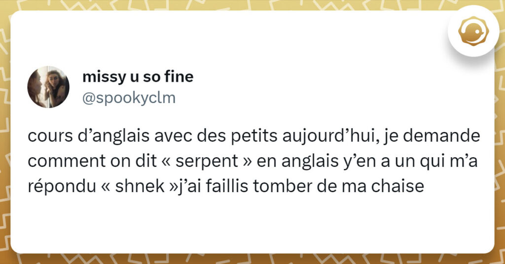 Tweet de @spookyclm : "cours d&rsquo;anglais avec des petits aujourd&rsquo;hui, je demande comment on dit &laquo; serpent &raquo; en anglais y&rsquo;en a un qui m&rsquo;a r&eacute;pondu &laquo; shnek &raquo;j&rsquo;ai faillis tomber de ma chaise"