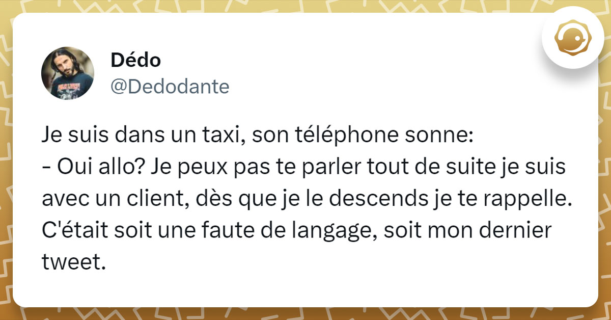 Tweet de @Dedodante : "Je suis dans un taxi, son téléphone sonne: - Oui allo? Je peux pas te parler tout de suite je suis avec un client, dès que je le descends je te rappelle. C'était soit une faute de langage, soit mon dernier tweet."