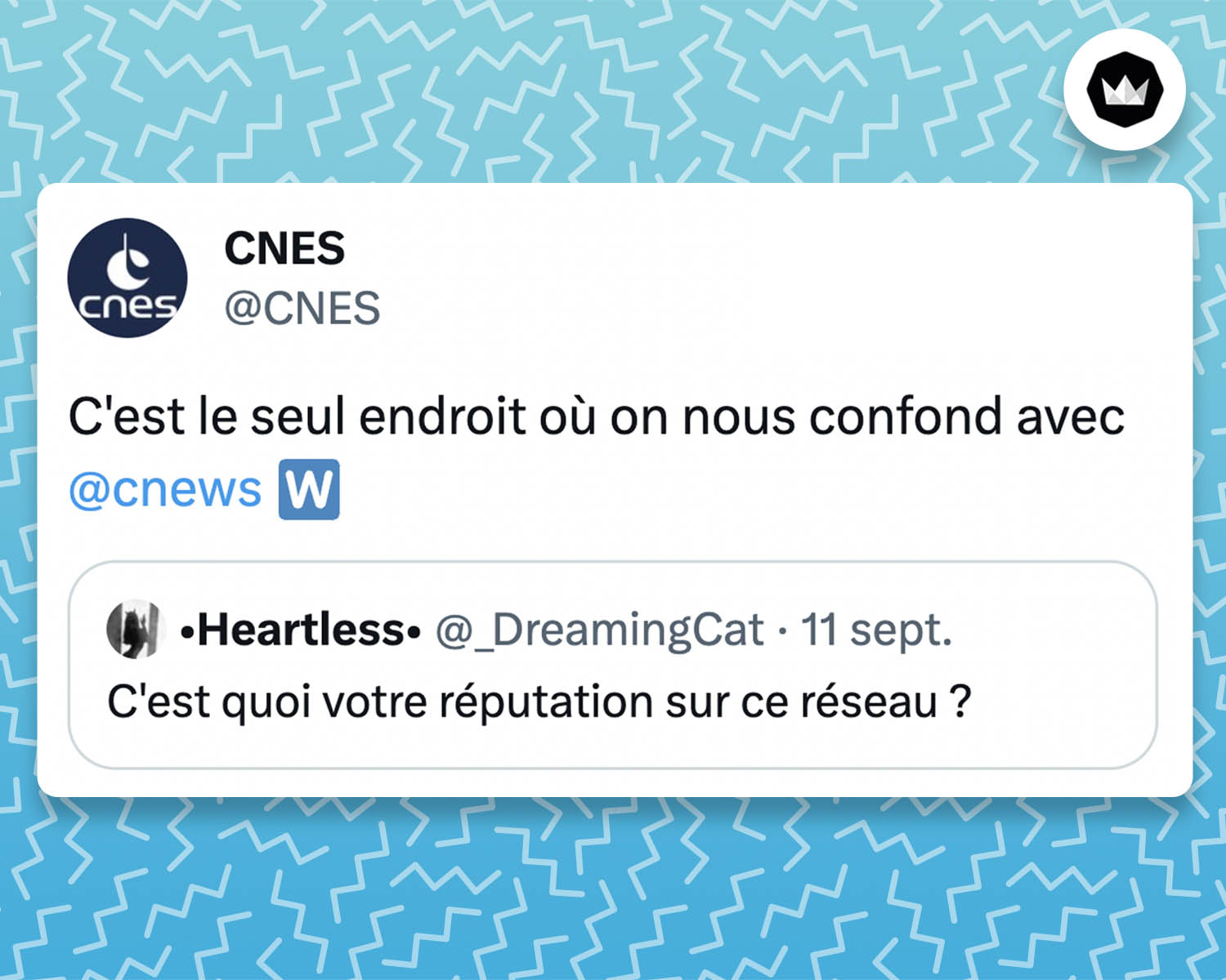 tweet du CNES : C'est le seul endroit où on nous confond avec @cnews 🇼 Il s'agit d'une réponse au tweet d'une internaute : "C'est quoi votre réputation sur ce réseau ?"