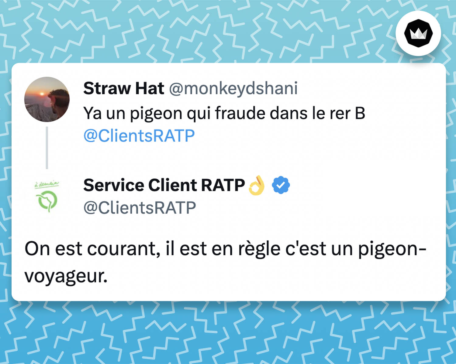 tweet du service client RATP : 
On est courant, il est en règle c'est un pigeon-voyageur.

Le service client répond à l'internaute @monkeydshani
 : Ya un pigeon qui fraude dans le rer B 
@ClientsRATP
