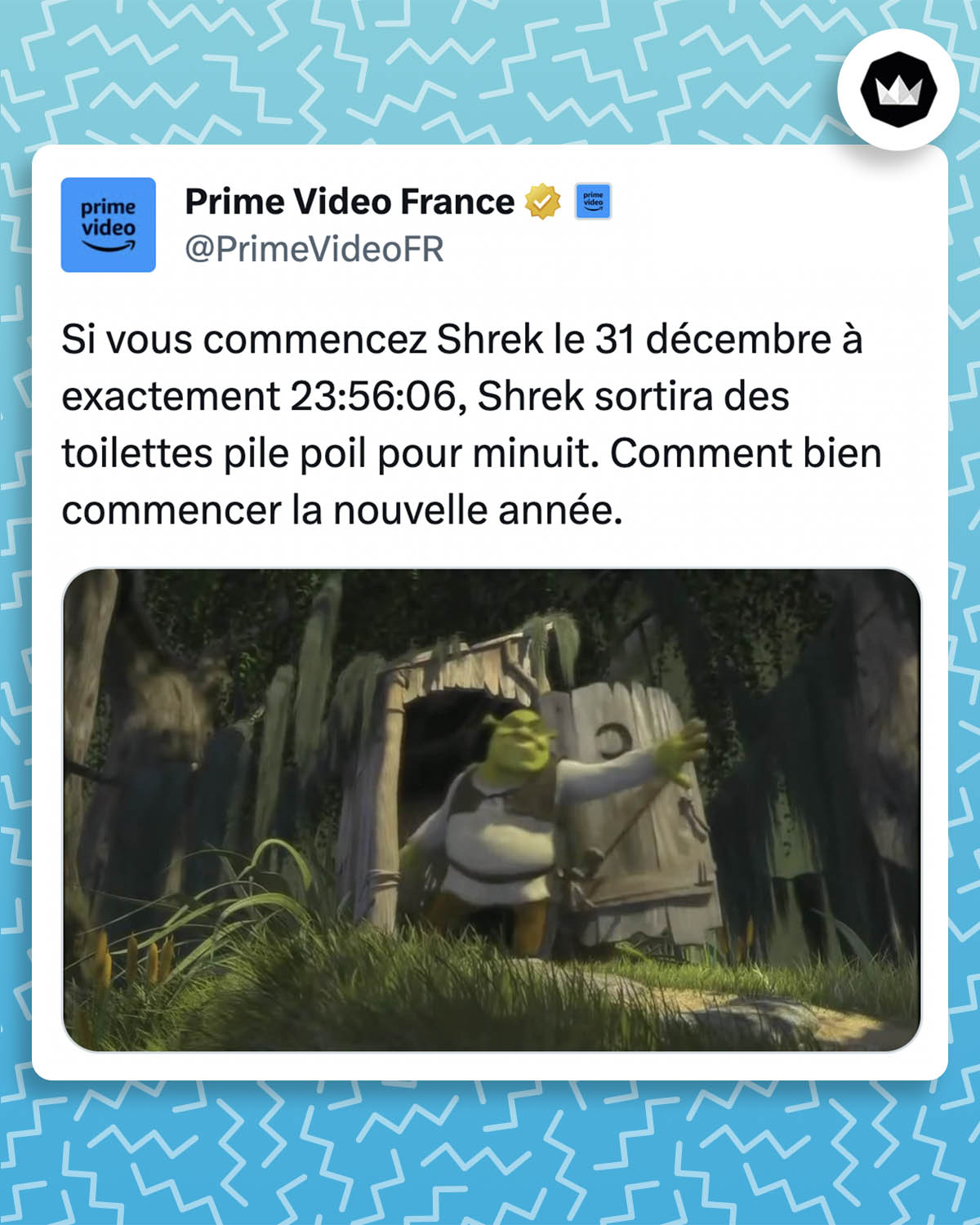 tweet de PrimeVideoFR : Si vous commencez Shrek le 31 décembre à exactement 23:56:06, Shrek sortira des toilettes pile poil pour minuit. Comment bien commencer la nouvelle année.