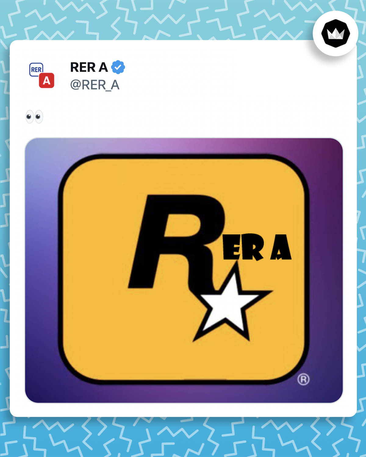 Tweet du RERA avec le logo de Rockstar Games détourné en "RERA". Il s'agit d'une réaction au teaser de GTA VI, un jeu de Rockstar Games.