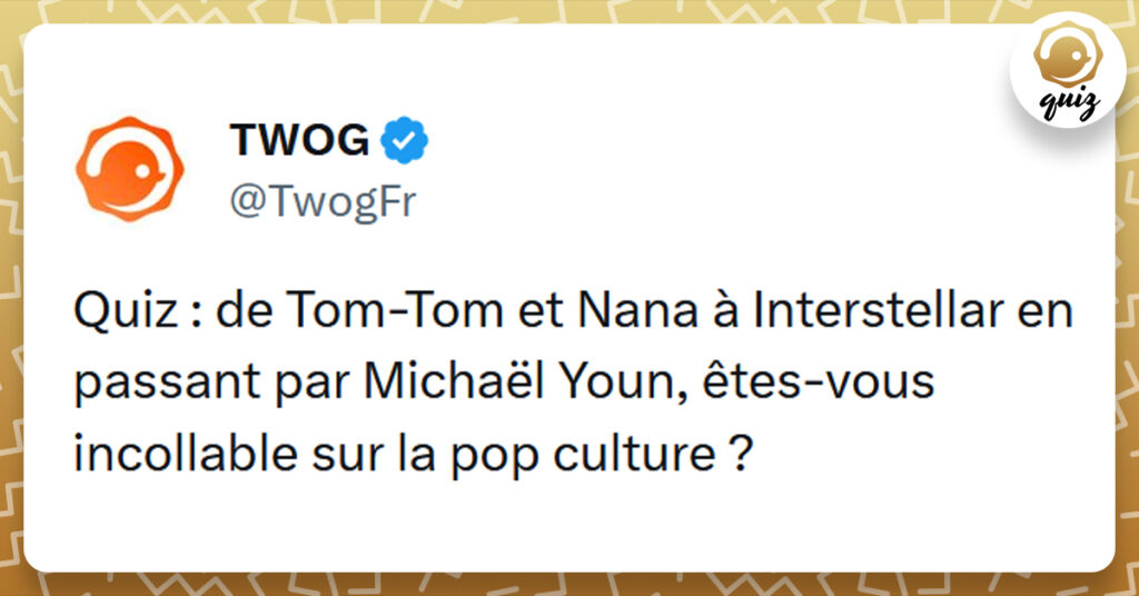 Tweet liseré de jaune de @TwogFr disant "Quiz de Tom-Tom et Nana à Interstellar en passant par Michaël Youn, êtes-vous incollable sur la pop culture ?"