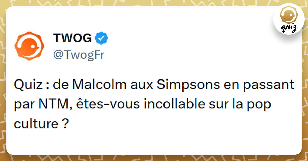 Tweet liseré de jaune de @TwogFr disant "Quiz de Malcolm aux Simpsons en passant par NTM, êtes-vous incollable sur la pop culture ?"