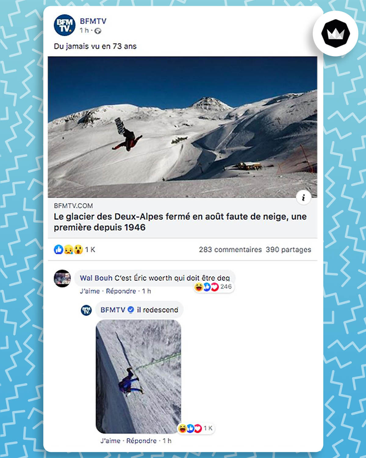 BFMTV partage un article sur Facebook : « Le glacier des Deux-Alpes fermé en août faute de neige, une première depuis 1946 ». Internaute qui commente : C’est Éric Woerth qui doit être deg. BFMTV : « il redescend », accompagné de la photo retournée d’Éric Woerth en train d’escalader l'aiguille d'Argentière et qui est devenue un meme. 