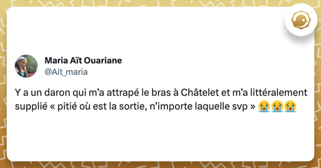 Tweet de @Ait_maria : "Y a un daron qui m’a attrapé le bras à Châtelet et m’a littéralement supplié « pitié où est la sortie, n’importe laquelle svp » 😭😭😭"