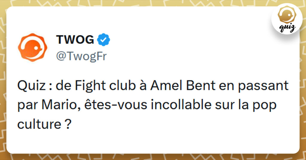 Tweet liseré de jaune de @TwogFr disant "Quiz de Fight club à Amel Bent en passant par Mario, êtes-vous incollable sur la pop culture ?"