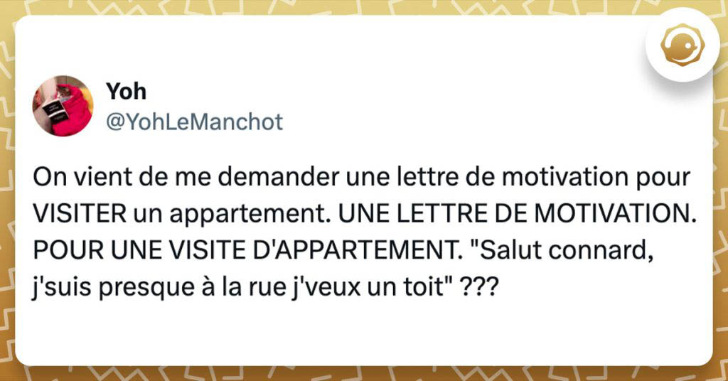 Tweet de @YohLeManchot : "On vient de me demander une lettre de motivation pour VISITER un appartement. UNE LETTRE DE MOTIVATION. POUR UNE VISITE D'APPARTEMENT. "Salut connard, j'suis presque à la rue j'veux un toit" ???"