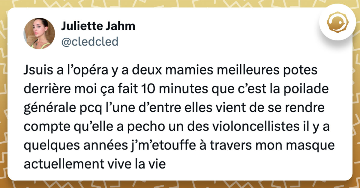 Tweet de @cledcled : "Jsuis a l’opéra y a deux mamies meilleures potes derrière moi ça fait 10 minutes que c’est la poilade générale pcq l’une d’entre elles vient de se rendre compte qu’elle a pecho un des violoncellistes il y a quelques années j’m’etouffe à travers mon masque actuellement vive la vie"