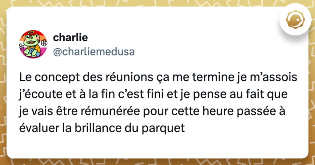 Tweet de @charliemedusa : "Le concept des réunions ça me termine je m’assois j’écoute et à la fin c’est fini et je pense au fait que je vais être rémunérée pour cette heure passée à évaluer la brillance du parquet"