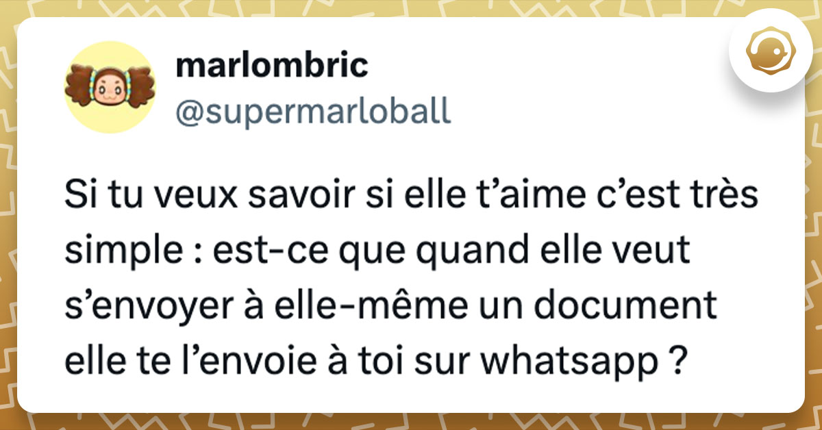 Tweet de @supermarloball : "Si tu veux savoir si elle t’aime c’est très simple : est-ce que quand elle veut s’envoyer à elle-même un document elle te l’envoie à toi sur whatsapp ?"