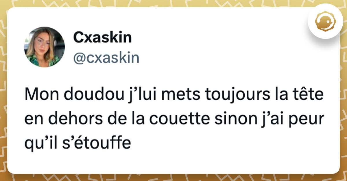 Tweet de @Cxaskin : "Mon doudou j’lui mets toujours la tête en dehors de la couette sinon j’ai peur qu’il s’étouffe"