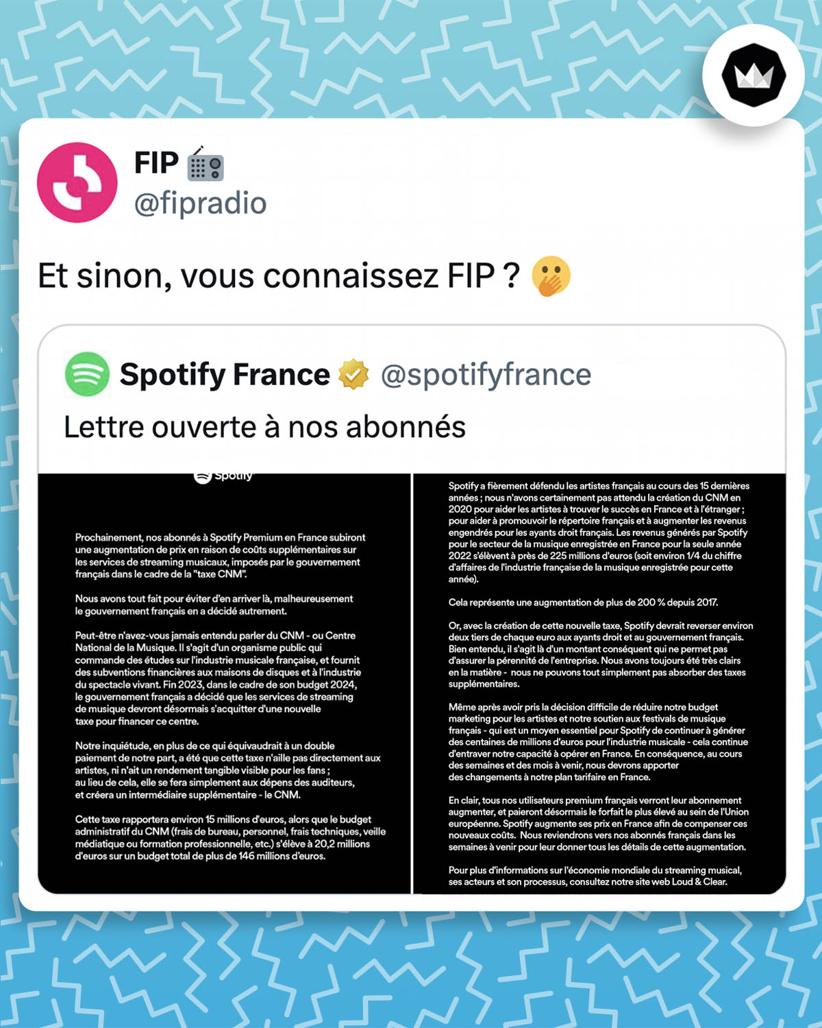 Tweet de FIP radio répondant au communiqué de Spotify : "Et sinon, vous connaissez FIP ?"