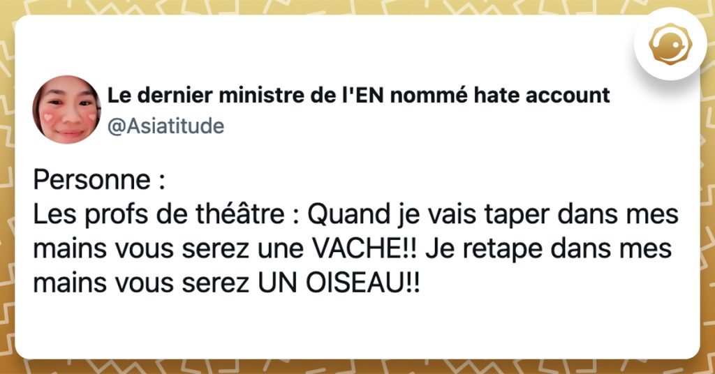 @Asiatitude Personne : Les profs de théâtre : Quand je vais taper dans mes mains vous serez une VACHE!! Je retape dans mes mains vous serez UN OISEAU!!