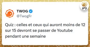 Tweet liseré de jaune de @TwogFr disant "Quiz : celles et ceux qui auront moins de 12 sur 15 devront se passer de Youtube pendant une semaine"