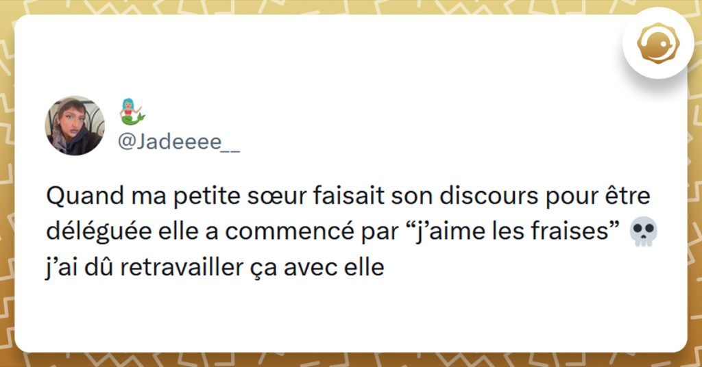 Tweet liseré de jaune de @Jadeeee__ disant "Quand ma petite sœur faisait son discours pour être déléguée elle a commencé par “j’aime les fraises” 💀 j’ai dû retravailler ça avec elle"