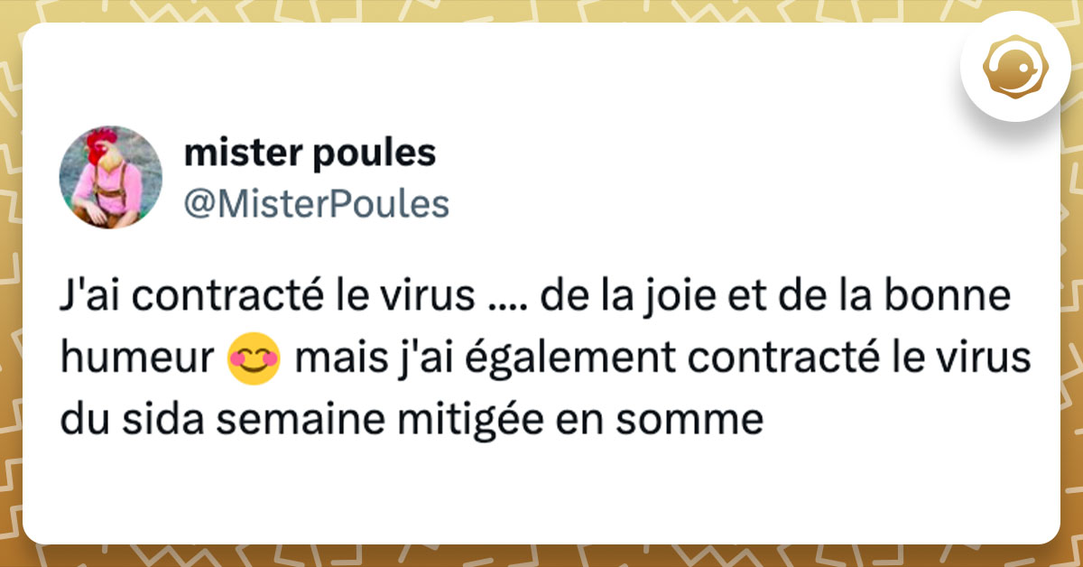 Tweet de @MisterPoules : "J'ai contracté le virus .... de la joie et de la bonne humeur 😊 mais j'ai également contracté le virus du sida semaine mitigée en somme"