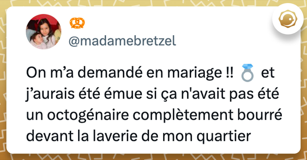 Tweet de @madamebretzel : "On m’a demandé en mariage !! 💍 et j’aurais été émue si ça n'avait pas été un octogénaire complètement bourré devant la laverie de mon quartier"