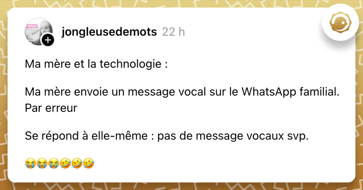 Post de @jongleusedemots : "Ma mère et la technologie : Ma mère envoie un message vocal sur le WhatsApp familial. Par erreur Se répond à elle-même : pas de message vocaux svp. 😭😭😭🤣🤣🤣"