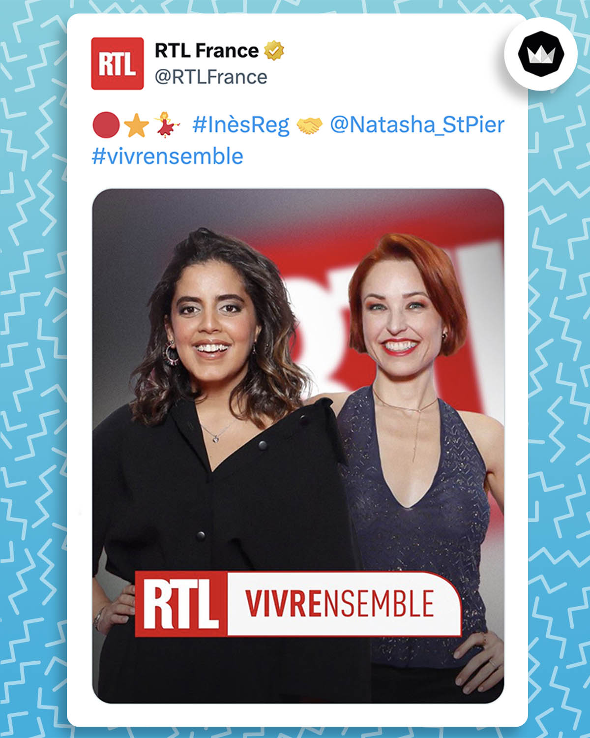 tweet de RTLFrance qui mentionne Inès Reg et Natasha St-Pier avec le hashtag "vivre ensemble" accompagné d'un visuel avec les deux candidate de DALS.