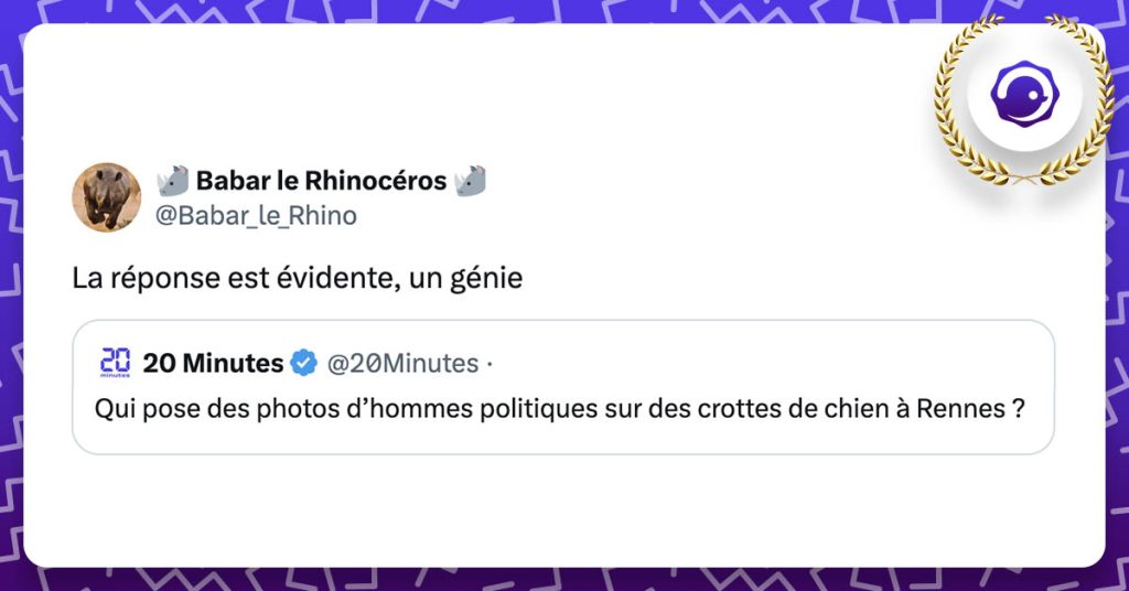 Tweet de @20Minutes : Qui pose des photos d’hommes politiques sur des crottes de chien à Rennes ? Puis réponse de @Babar_le_Rhino : La réponse est évidente, un génie