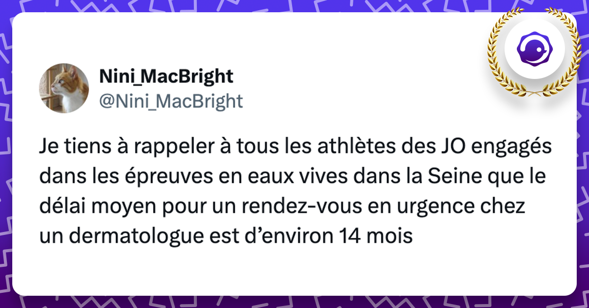 @Nini_MacBright Je tiens à rappeler à tous les athlètes des JO engagés dans les épreuves en eaux vives dans la Seine que le délai moyen pour un rendez-vous en urgence chez un dermatologue est d’environ 14 mois