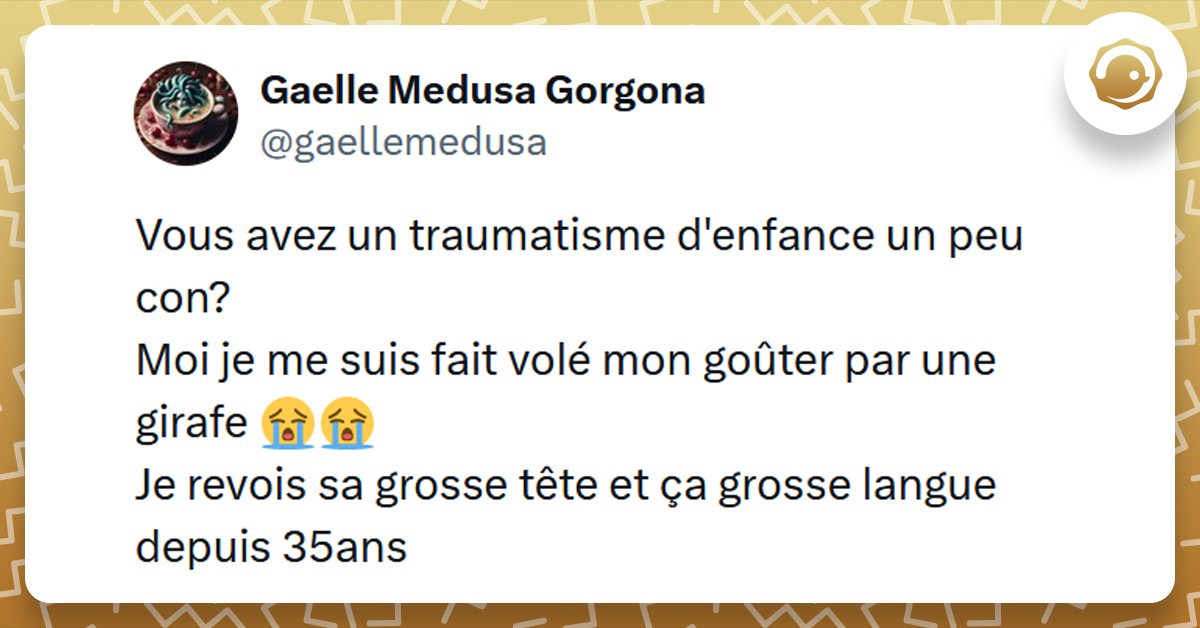 Tweet liseré de jaune de @gaellemedusa disant Vous avez un traumatisme d'enfance un peu con? Moi je me suis fait volé mon goûter par une girafe 😭😭 Je revois sa grosse tête et ça grosse langue depuis 35ans"