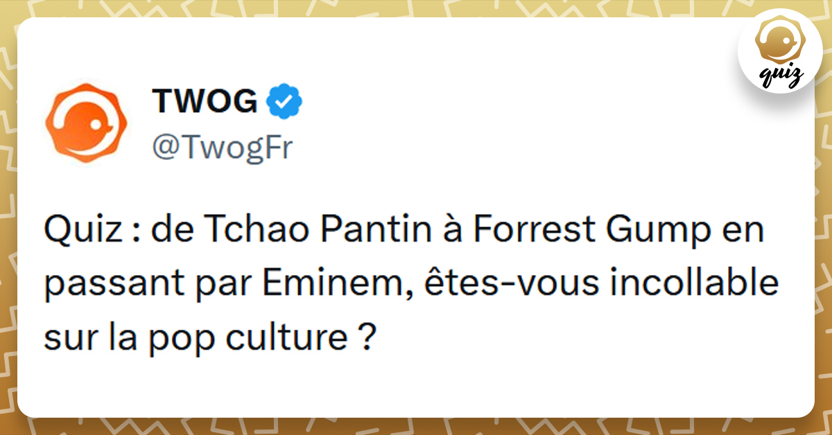 Tweet liseré de jaune de @TwogFr disant "Quiz : de Tchao Pantin à Forrest Gump en passant par Eminem, êtes-vous incollable sur la pop culture ?"
