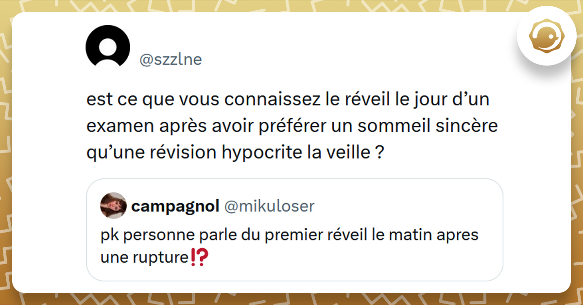 Tweet liseré de jaune de @mikuloser disant "pk personne parle du premier réveil le matin apres une rupture⁉️". Tweet de @szzlne répondant "est ce que vous connaissez le réveil le jour d’un examen après avoir préférer un sommeil sincère qu’une révision hypocrite la veille ?".