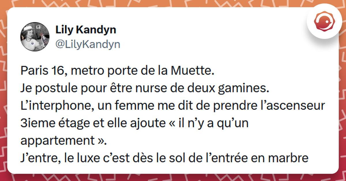 Tweet liseré de rouge de @LilyKandyn disant "Paris 16, metro porte de la Muette. Je postule pour être nurse de deux gamines. L’interphone, un femme me dit de prendre l’ascenseur 3ieme étage et elle ajoute « il n’y a qu’un appartement ». J’entre, le luxe c’est dès le sol de l’entrée en marbre"