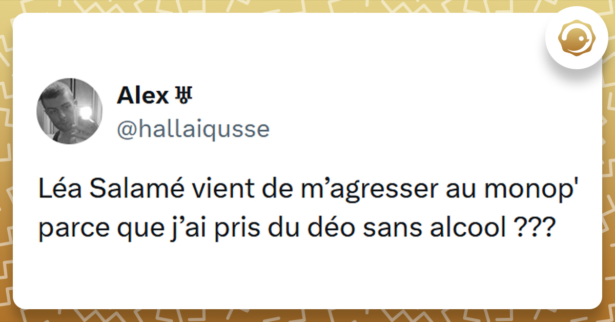 Tweet liseré de jaune de @hallaiqusse disant "Léa Salamé vient de m’agresser au monop' parce que j’ai pris du déo sans alcool ???"