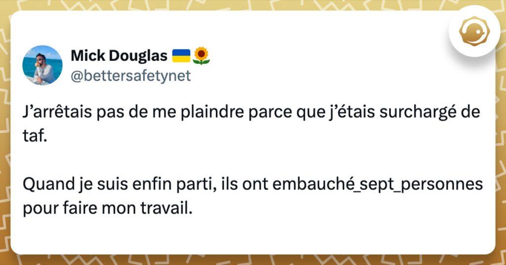 Tweet de @bettersafetynet : "J’arrêtais pas de me plaindre parce que j’étais surchargé de taf. Quand je suis enfin parti, ils ont embauché_sept_personnes pour faire mon travail."